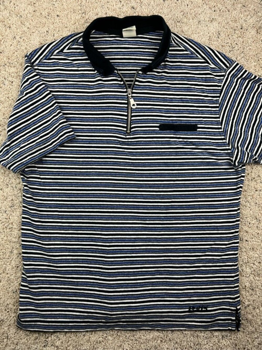 Vintage Levi’s USA Men's Shirt Black Blue Striped 1/4 Zip Short Sleeve LARGE